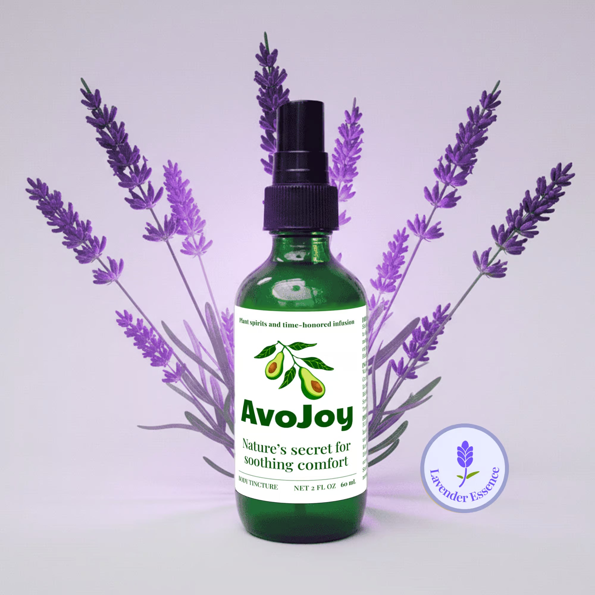 AvoJoy Lavender Essence bottle with lavender sprigs