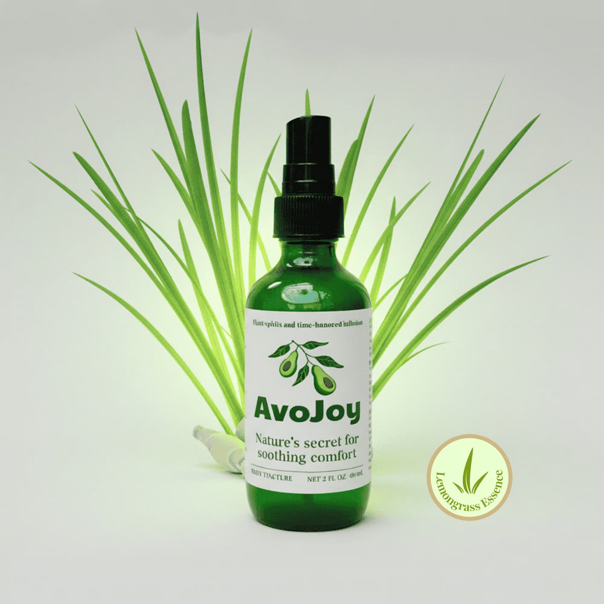 AvoJoy Lemongrass Essence bottle with fresh lemongrass