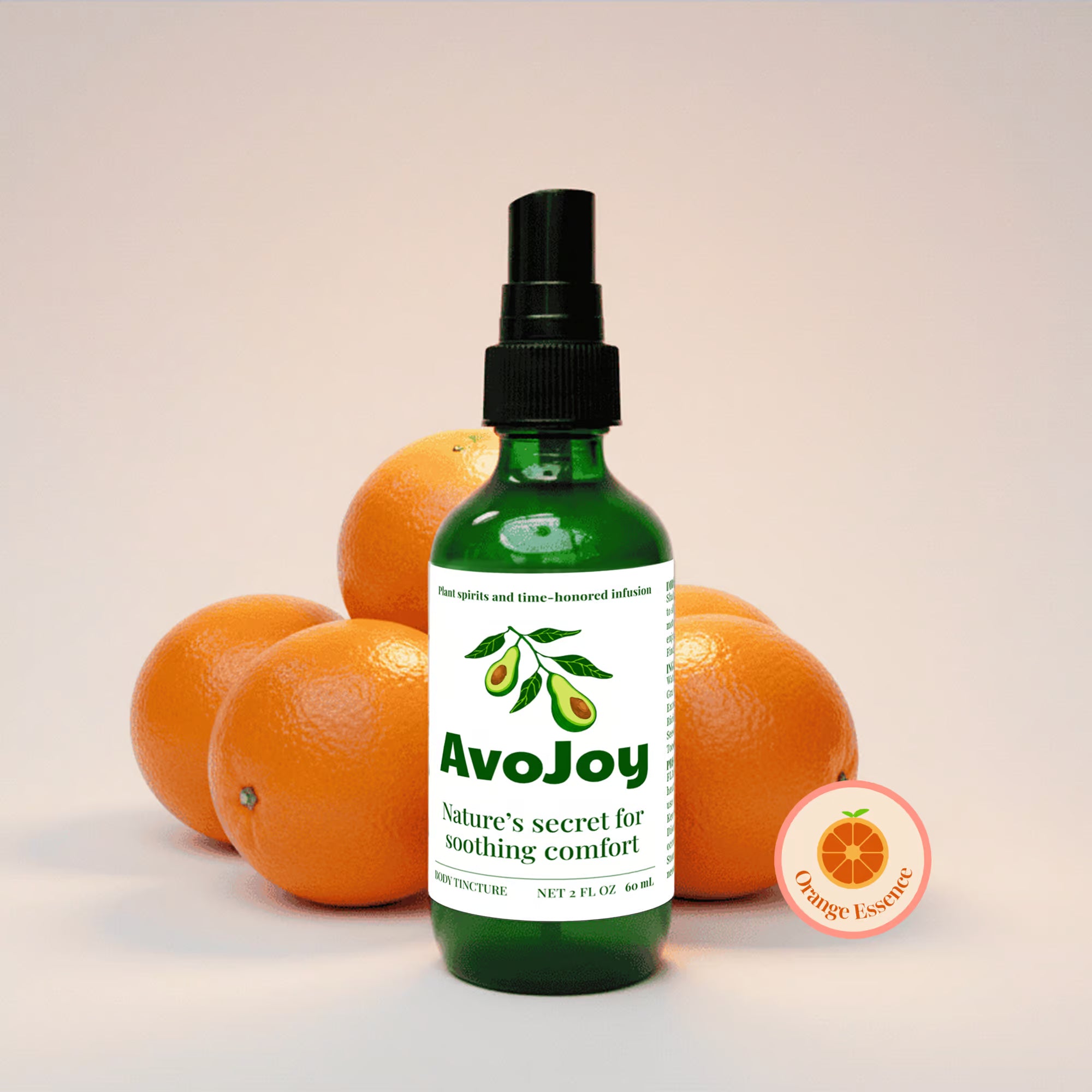 AvoJoy Orange Essence bottle with fresh oranges